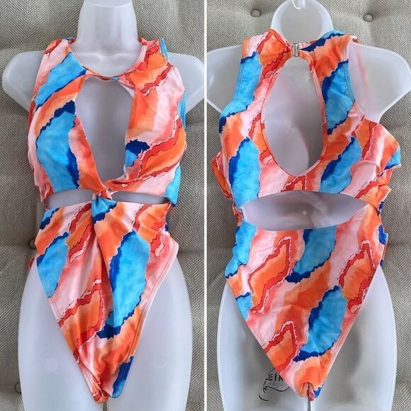 NEW SHEIN One Piece Swimsuit Orange Blue Abstract Pattern 4XL - Picture 1 of 6